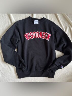 Champion Black Crewneck with Red Wisconsin Arch Logo small